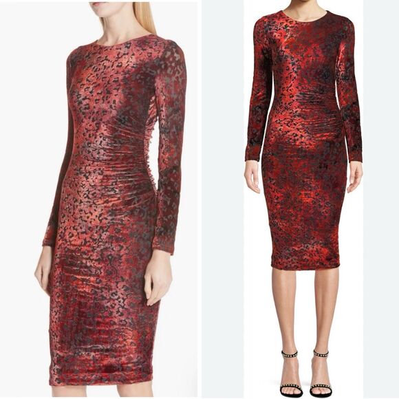 FUZZI Red Velvet Animal Print Fitted Draped Cocktail Sheath Dress Womens Size M - Picture 1 of 10